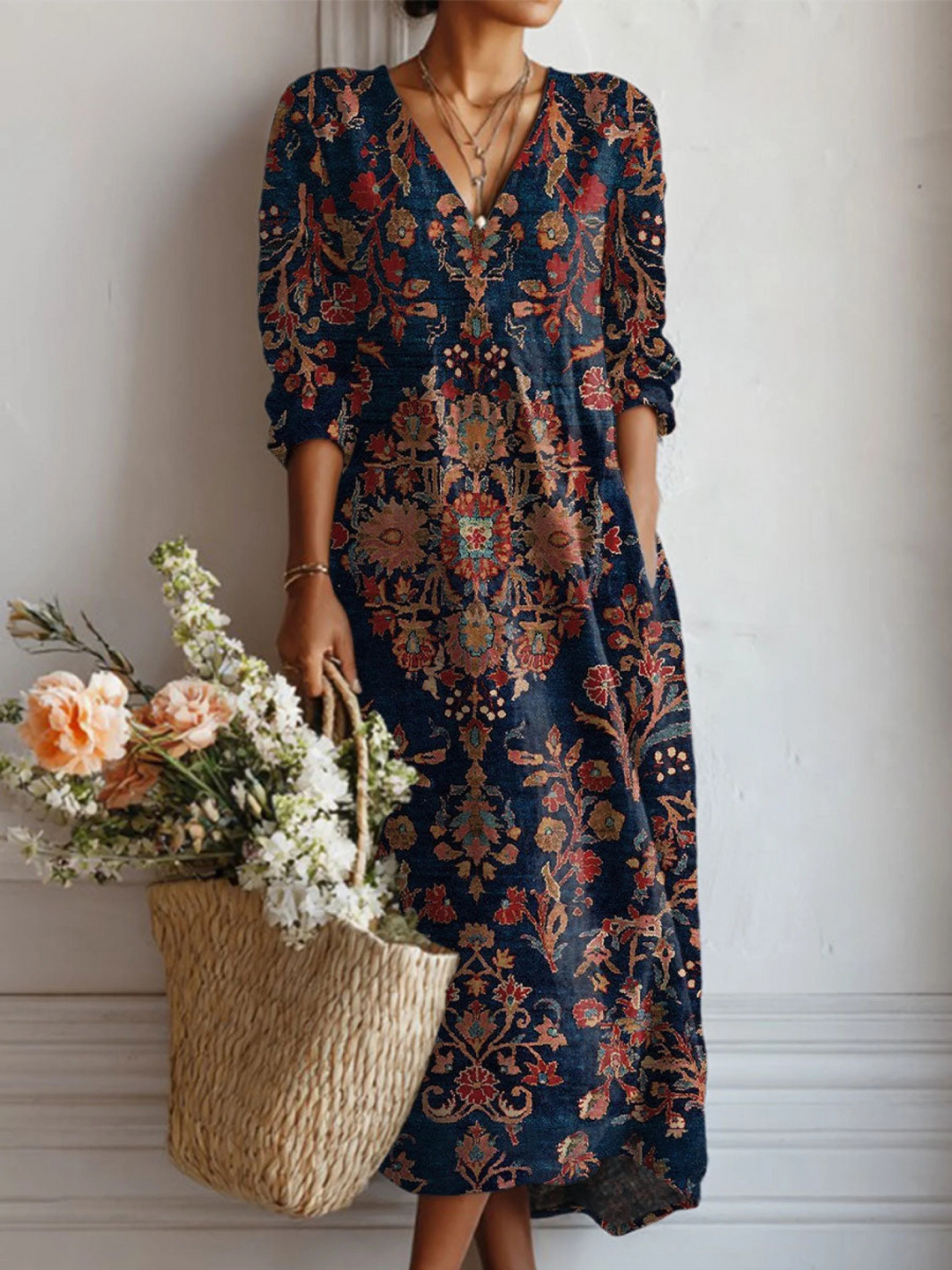 Amelia – Women’s Vintage Floral Art Print Linen Pocket Tunic Dress