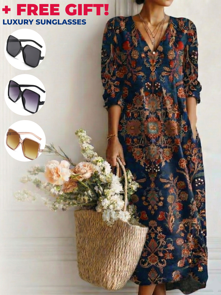 Amelia – Vintage Floral Print Linen Pocket Dress +FREE GIFT!